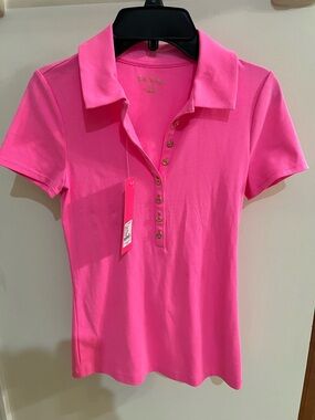✨NWT✨Lilly Pulitzer Hot Pink IMARA Polo UPF 50+ Tee with Gold Buttons
